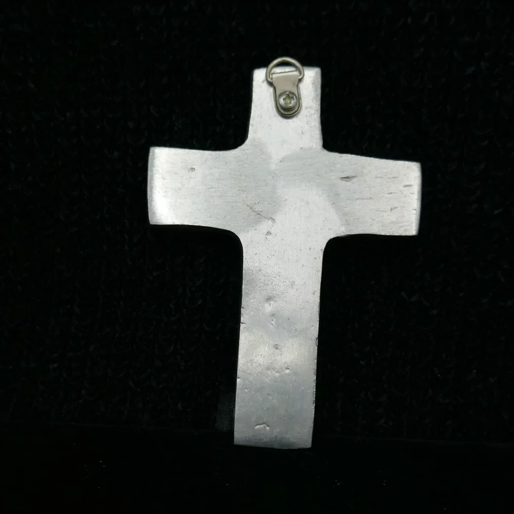 Polished Cast Pewter Wall Cross Embossed Leaves Flames 5 inch - Picture 2 of 6